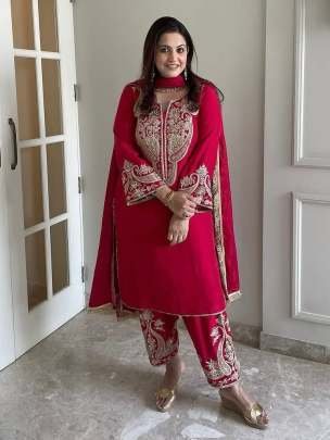 Beautiful Embroidery And Sequence Work Pure Chinon Silk Three Piece Kurtis Set