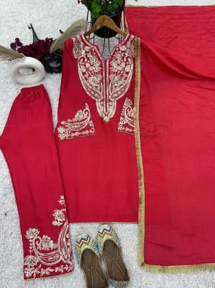 Beautiful Embroidery And Sequence Work Pure Chinon Silk Three Piece Kurtis Set