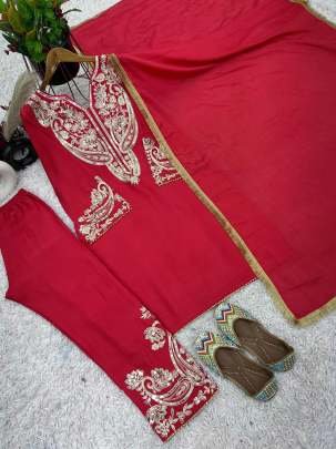 Beautiful Embroidery And Sequence Work Pure Chinon Silk Three Piece Kurtis Set