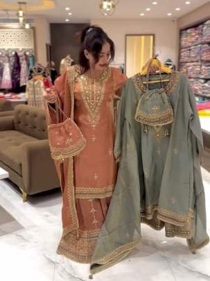 Beautiful Embroidery Pure Chinon Silk Palazzo Dupatta Suits Set