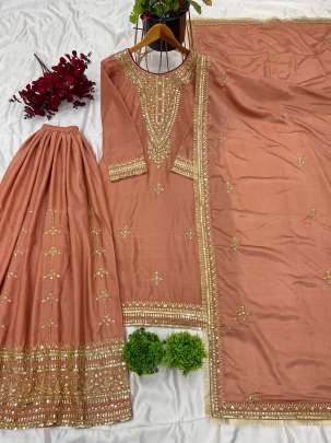 Beautiful Embroidery Pure Chinon Silk Palazzo Dupatta Suits Set