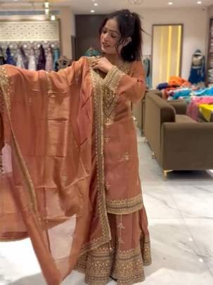 Beautiful Embroidery Pure Chinon Silk Palazzo Dupatta Suits Set