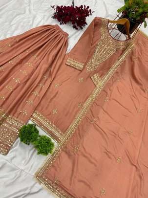 Beautiful Embroidery Pure Chinon Silk Palazzo Dupatta Suits Set