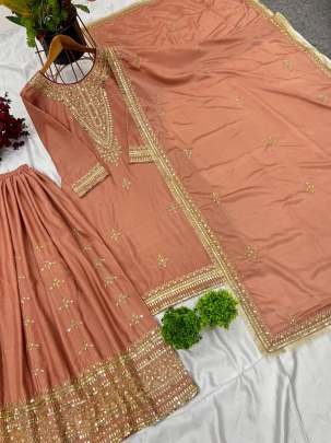 Beautiful Embroidery Pure Chinon Silk Palazzo Dupatta Suits Set