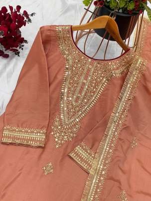 Beautiful Embroidery Pure Chinon Silk Palazzo Dupatta Suits Set