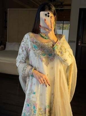 Beautiful Embroidery Sequence Work Georgette White Sharara Suit Set