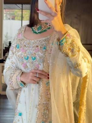 Beautiful Embroidery Sequence Work Georgette White Sharara Suit Set
