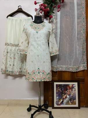 Beautiful Embroidery Sequence Work Georgette White Sharara Suit Set