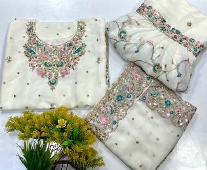 Beautiful Embroidery Sequence Work Georgette White Sharara Suit Set