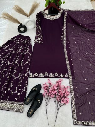 Beautiful fashionable coffee heavy faux georgette with embroidery sequence work sharara suit
