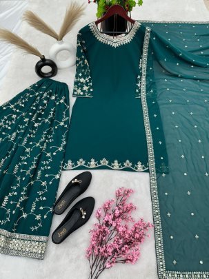 beautiful fashionable Green heavy faux georgette with embroidery sequence work sharara suit