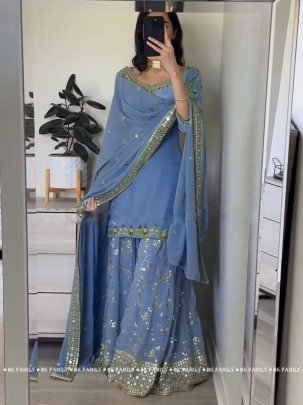 beautiful fashionable Sky Blue heavy faux georgette with embroidery sequence work sharara suit