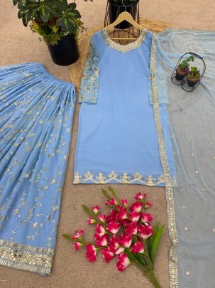 beautiful fashionable Sky Blue heavy faux georgette with embroidery sequence work sharara suit