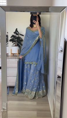 beautiful fashionable Sky Blue heavy faux georgette with embroidery sequence work sharara suit