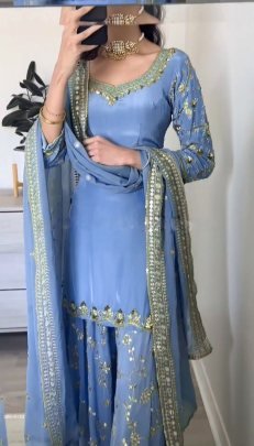 beautiful fashionable Sky Blue heavy faux georgette with embroidery sequence work sharara suit