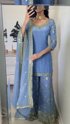 beautiful fashionable Sky Blue heavy faux georgette with embroidery sequence work sharara suit