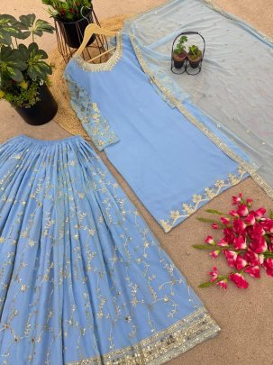 beautiful fashionable Sky Blue heavy faux georgette with embroidery sequence work sharara suit