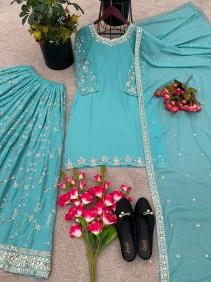 beautiful fashionable Sea Green heavy faux georgette with embroidery sequence work sharara suit
