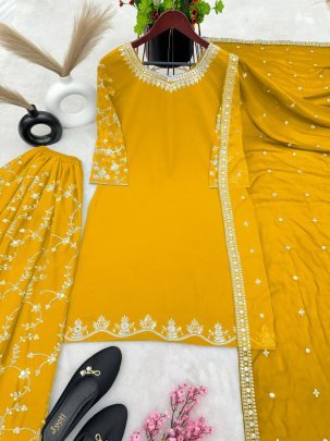beautiful fashionable Yellow heavy faux georgette with embroidery sequence work sharara suit