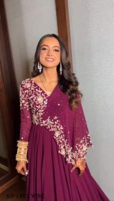 Beautiful Faux Georgette Designer Wine  Gown With Pearl Work