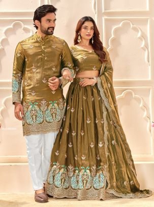 Beautiful Fendi Silk Embroidered Lehenga & Men’s Kurta Set For Festive
