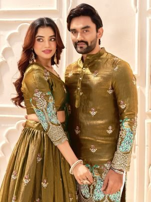 Beautiful Fendi Silk Embroidered Lehenga & Men’s Kurta Set For Festive