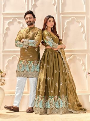 Beautiful Fendi Silk Embroidered Lehenga & Men’s Kurta Set For Festive