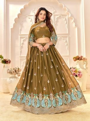 Beautiful Fendi Silk Embroidered Lehenga & Men’s Kurta Set For Festive