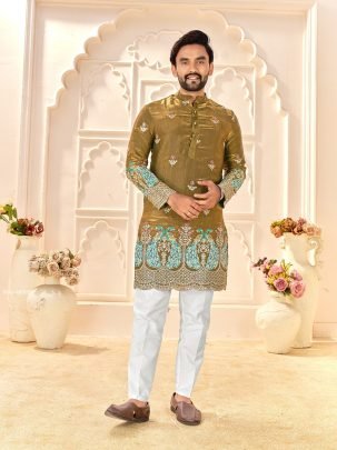 Beautiful Fendi Silk Embroidered Lehenga & Men’s Kurta Set For Festive