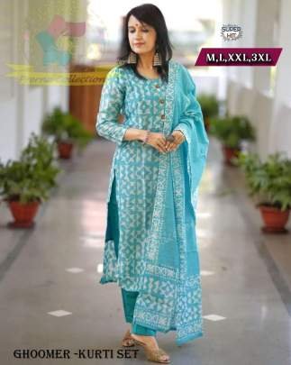 Beautiful Firozi Rayon Jaipuri Printed Straight Kurti With Pant And Dupatta