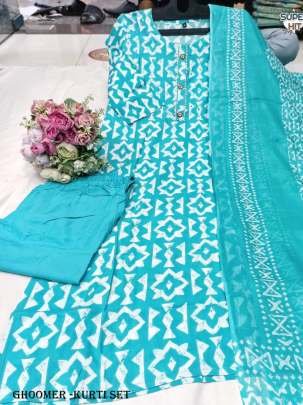 Beautiful Firozi Rayon Jaipuri Printed Straight Kurti With Pant And Dupatta