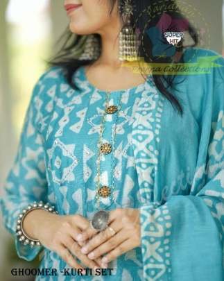 Beautiful Firozi Rayon Jaipuri Printed Straight Kurti With Pant And Dupatta