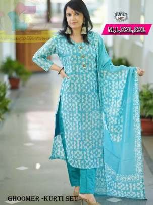 Beautiful Firozi Rayon Jaipuri Printed Straight Kurti With Pant And Dupatta