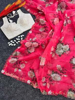 Beautiful Floral Print With Handwork Organza Saree