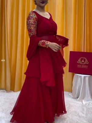 Beautiful Fox Georgette With Thread Work Red Plaza Suit