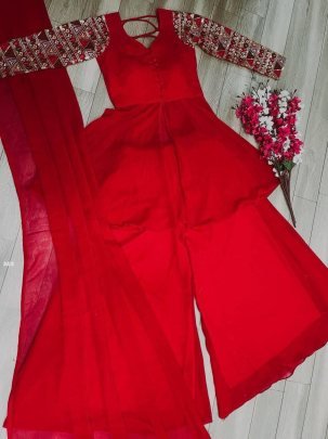 Beautiful Fox Georgette With Thread Work Red Plaza Suit