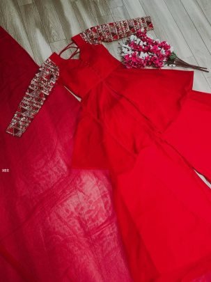 Beautiful Fox Georgette With Thread Work Red Plaza Suit