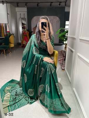 Beautiful Gaji Satin Green Printed Saree With Unstitched Blouse