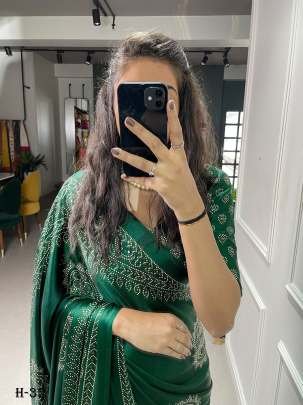 Beautiful Gaji Satin Green Printed Saree With Unstitched Blouse