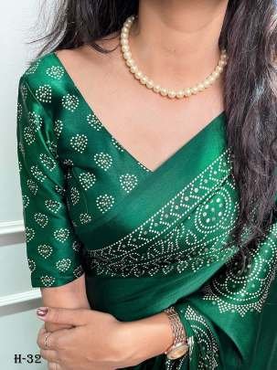 Beautiful Gaji Satin Green Printed Saree With Unstitched Blouse