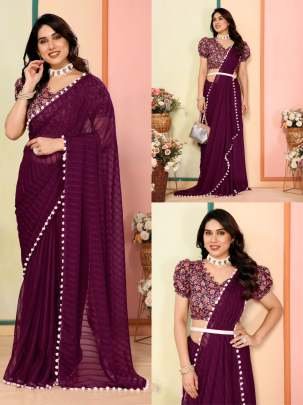 Beautiful  Georgette Patta Silk Wine Saree