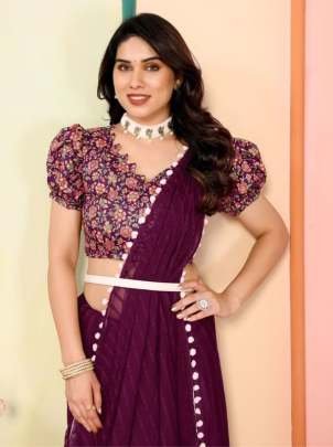 Beautiful  Georgette Patta Silk Wine Saree