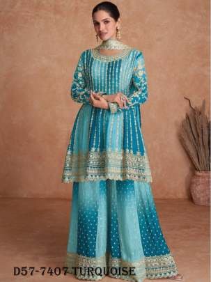 Beautiful Gulkayra Turquoise Color Embroidered Suit Set