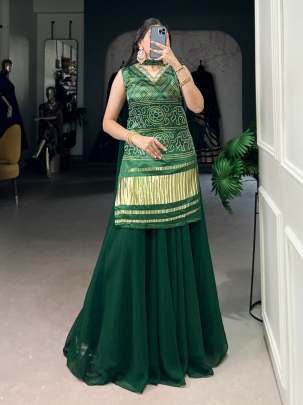 Beautiful  Handcrafted Bandhani Peplum Plazzo Set With Golden Detailing