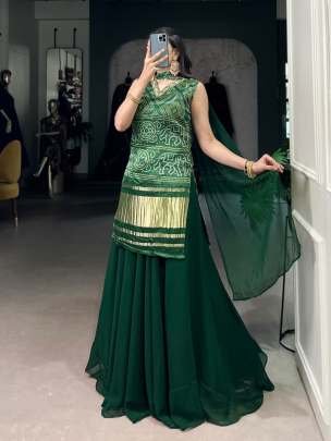 Beautiful  Handcrafted Bandhani Peplum Plazzo Set With Golden Detailing