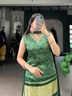 Beautiful  Handcrafted Bandhani Peplum Plazzo Set With Golden Detailing