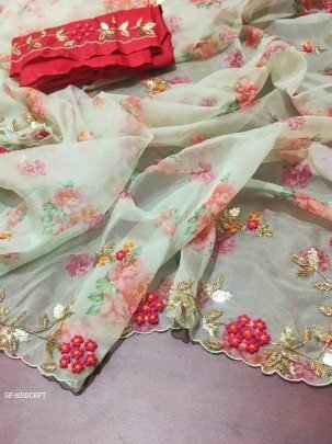 Beautiful Handcrafted Semi Pure Organza Saree With Readymade Blouse
