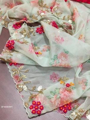 Beautiful Handcrafted Semi Pure Organza Saree With Readymade Blouse
