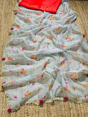 Beautiful Handcrafted Semi Pure Organza Saree With Readymade Blouse