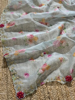 Beautiful Handcrafted Semi Pure Organza Saree With Readymade Blouse